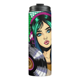 Pop-Art-Mädchen mit personalisierter Schallplatte Thermosbecher