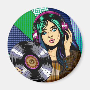 Pop-Art-Mädchen mit Schallplatte Magnet