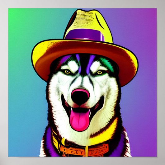 Pop Art Malerei eines Husky-Hundes mit einem Hut Poster (Vorne)