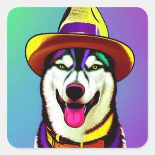 Pop Art Malerei eines Husky-Hundes mit einem Hut Quadratischer Aufkleber