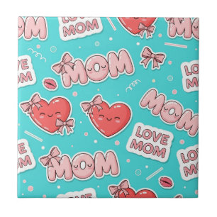 Pop-Art-Muster 'MOM Love' in Türkis Fliese