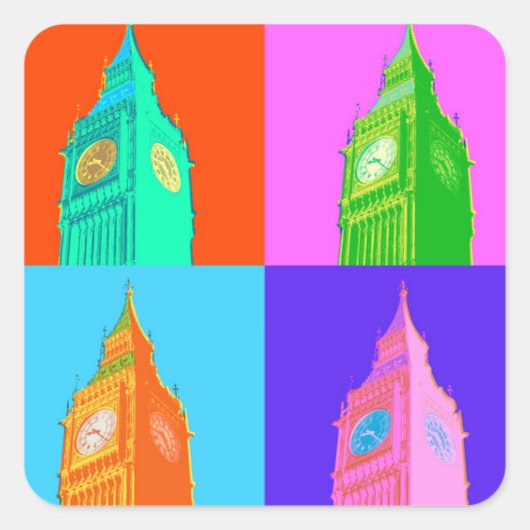 Pop Art Neon Big Ben Quadratischer Aufkleber (Vorderseite)