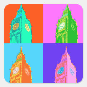 Pop Art Neon Big Ben Quadratischer Aufkleber