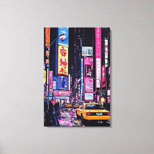 Pop Art Neon Cityscape mit gelbem Taxi Leinwanddruck