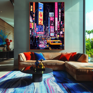 Pop-Art-Neon-Stadtlandschaft mit gelbem Taxi Leinwanddruck