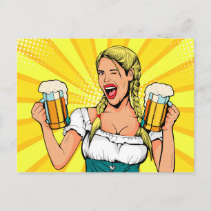 Pop Art Oktoberfest Frau mit Bier Postkarte