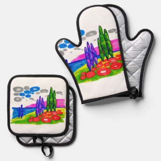 Pop-Art-Paradies – Fette grafische Landschaft Ofenhandschuh & Topflappen-Set