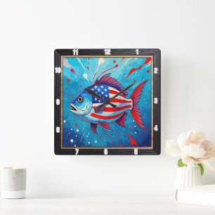 Pop Art Patriotic Fish Quadratische Wanduhr