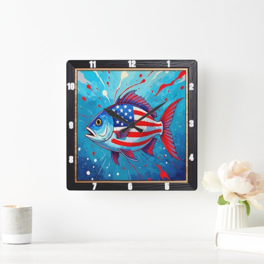 Pop Art Patriotic Fish Quadratische Wanduhr (Zuhause)