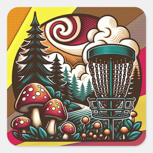 Pop Art Pilze und Disc Golf Course Kunst Quadratischer Aufkleber (Vorderseite)