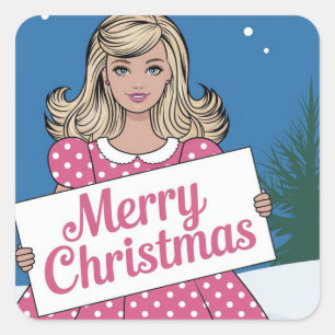 Pop Art pink Frohe Weihnachts Retro Girl Quadratischer Aufkleber