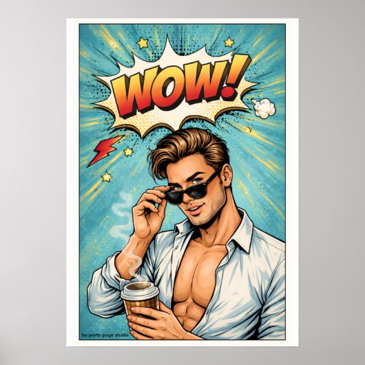 Pop Art Poster „WOW!“ – Attraktiver Mann Comic Wan (Vorne)