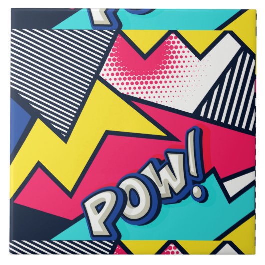 Pop Art Pow! Muster in Magenta, Blau und Schwarz Fliese (Vorderseite)