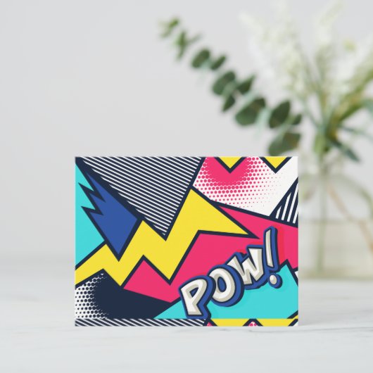 Pop Art Pow! Muster in Magenta, Blau und Schwarz Postkarte (Stehend Vorderseite)