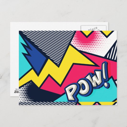 Pop Art Pow! Muster in Magenta, Blau und Schwarz Postkarte (Vorne/Hinten)