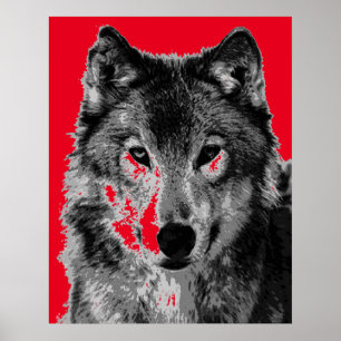 Pop Art Red Gray Wolf Face Poster