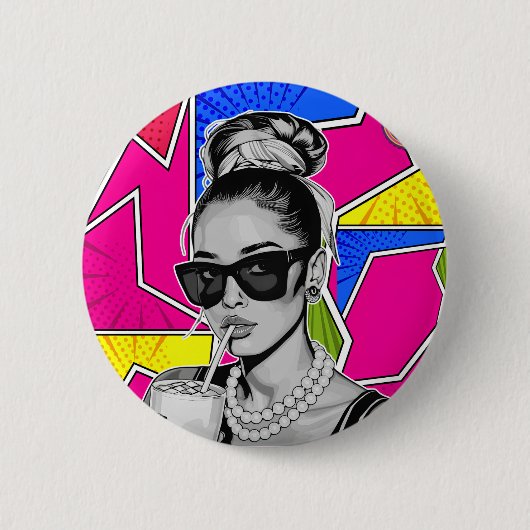 Pop Art Retrô Mulher Fashion Preto e Branco Button (Vorderseite)