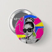 Pop Art Retrô Mulher Fashion Preto e Branco Button (Vorne & Hinten)