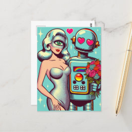 Pop Art Robot and Alien Woman in Liebe Postkarte