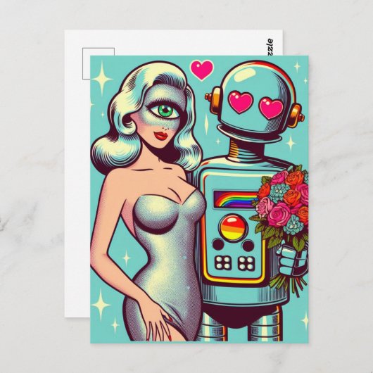 Pop Art Robot and Alien Woman in Liebe Postkarte (Vorne/Hinten)