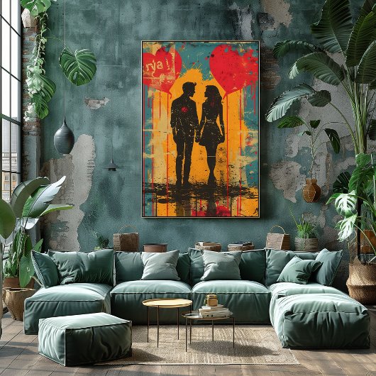 Pop Art Romántico: Pareja con Globos de Corazón Fotodruck