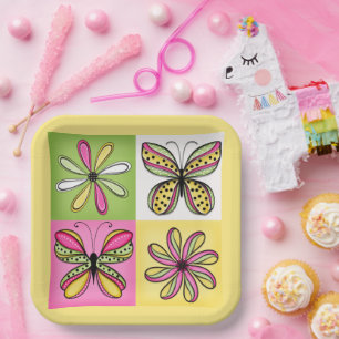 Pop-Art-Schmetterlinge und Blumen Pappteller