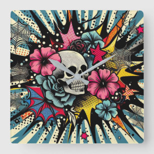Pop Art Skull Quadratische Wanduhr