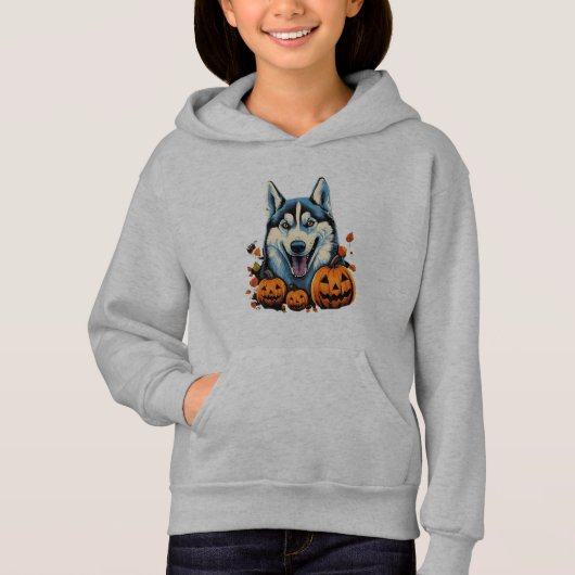 Pop Art Smilling Husky Hund mit Pumpkins Halloween Hoodie (Vorderseite)