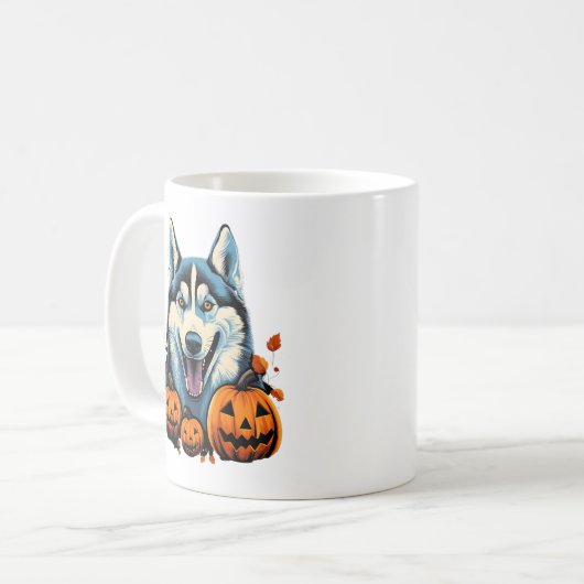 Pop Art Smilling Husky Hund mit Pumpkins Halloween Kaffeetasse (Vorderseite Links)