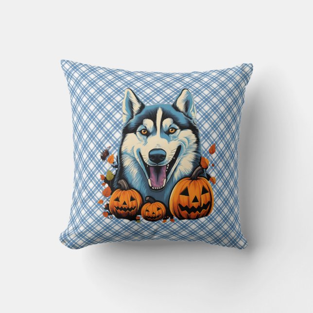 Pop Art Smilling Husky Hund mit Pumpkins Halloween Kissen (Vorderseite)