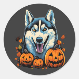 Pop Art Smilling Husky Hund mit Pumpkins Halloween Runder Aufkleber