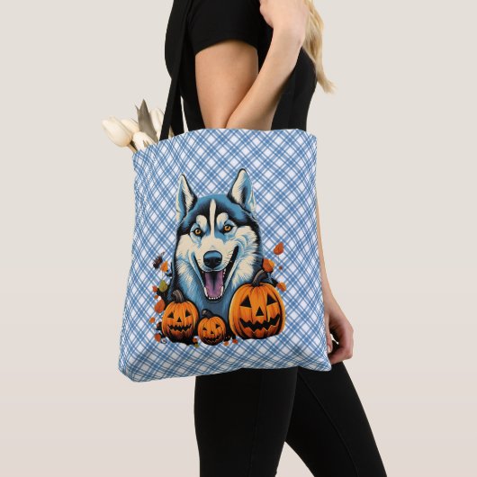 Pop Art Smilling Husky Hund mit Pumpkins Halloween Tasche (Von Nahem)