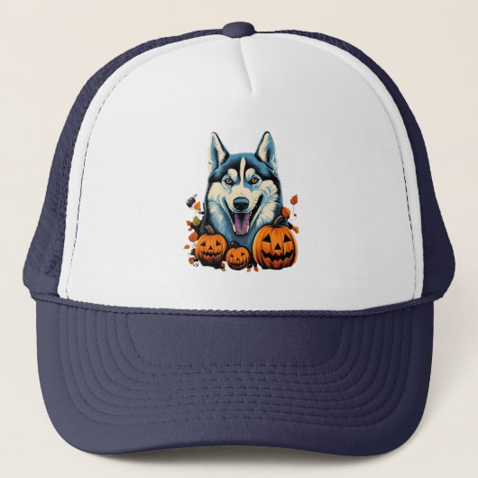 Pop Art Smilling Husky Hund mit Pumpkins Halloween Truckerkappe (Vorderseite)