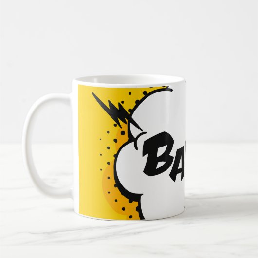 Pop-Art-Sprechblase zeichnend mit Text. Cartoon Kaffeetasse (Links)