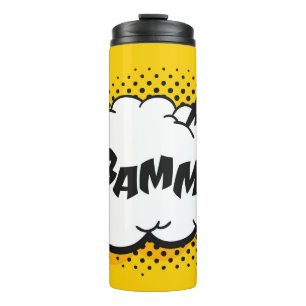 Pop-Art-Sprechblase zeichnend mit Text. Cartoon Thermosbecher