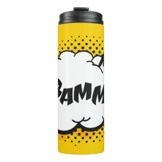 Pop-Art-Sprechblase zeichnend mit Text. Cartoon Thermosbecher