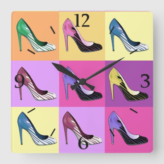 Pop Art Stiletto Pumps / Schuhe / High Heels Squar Quadratische Wanduhr (Vorderseite)