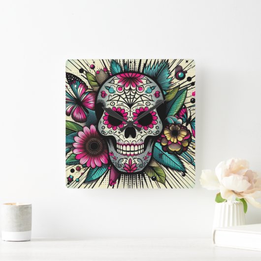 Pop Art Sugar Skull Quadratische Wanduhr (Zuhause)