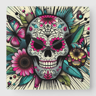 Pop Art Sugar Skull Quadratische Wanduhr