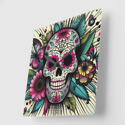 Pop Art Sugar Skull Quadratische Wanduhr (Winkel)