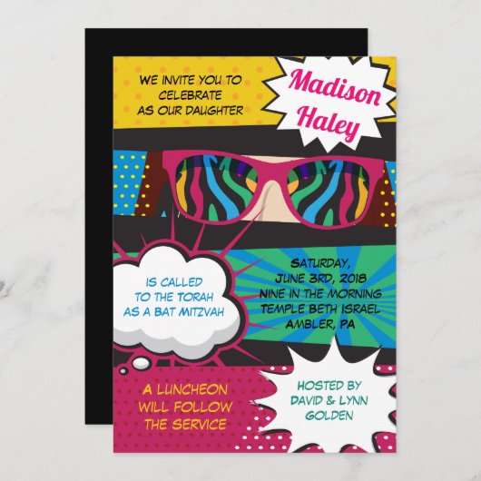 POP ART SUNGLASSES RETRO Bat Mitzvah Einladung (Vorne/Hinten)
