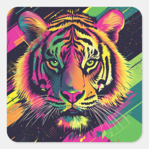 Pop Art Tiger Illustration mit Neon Colors Quadratischer Aufkleber