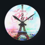 Pop Art Vintage Eiffel Tower Runde Wanduhr<br><div class="desc">Ooh La La! Vintage Eiffel Tower design featuring vibrant pop art colors. Text says J'AIME PARIS. Perfect for anyone who loves Paris!</div>