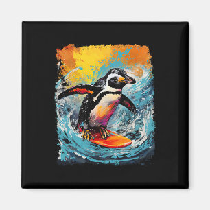 Pop Art Vintage-Zoo-Vogel surft auf einem Pinguin Magnet