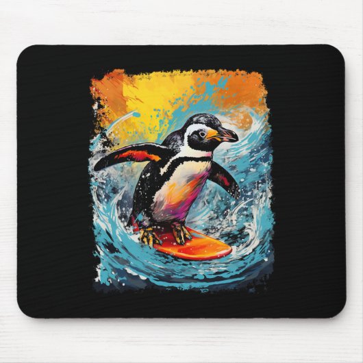 Pop Art Vintage Zoo Vogel Surft Pinguin Mousepad (Vorne)