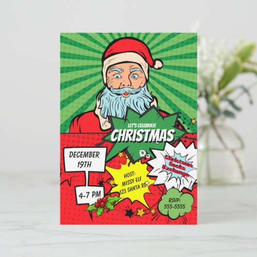 Pop Art Weihnachten Weihnachten Party Comic Einlad Einladung (Stehend Vorderseite)