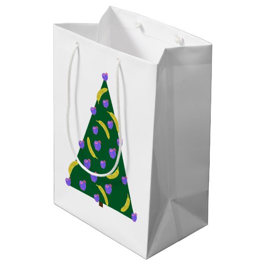 Pop Art Weihnachtsbaum mit Äpfeln & Bananen Mittlere Geschenktüte (Rückseite Schrägansicht)