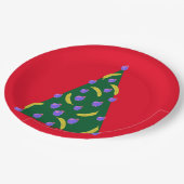 Pop Art Weihnachtsbaum mit Äpfeln & Bananen Rot Pappteller (Schrägansicht)