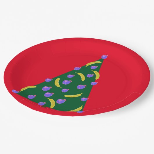 Pop Art Weihnachtsbaum mit Äpfeln & Bananen Rot Pappteller (Schrägansicht)