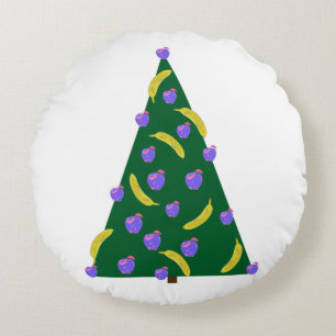 Pop Art Weihnachtsbaum mit Äpfeln und Bananen Rundes Kissen